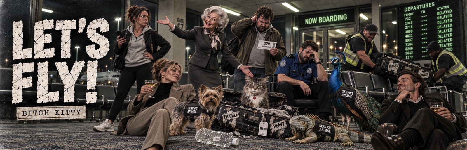 The album cast assembled at the gate: annoyed travelers, flight attendant, TSA agent, baggage handlers and service animals surrounding the cat