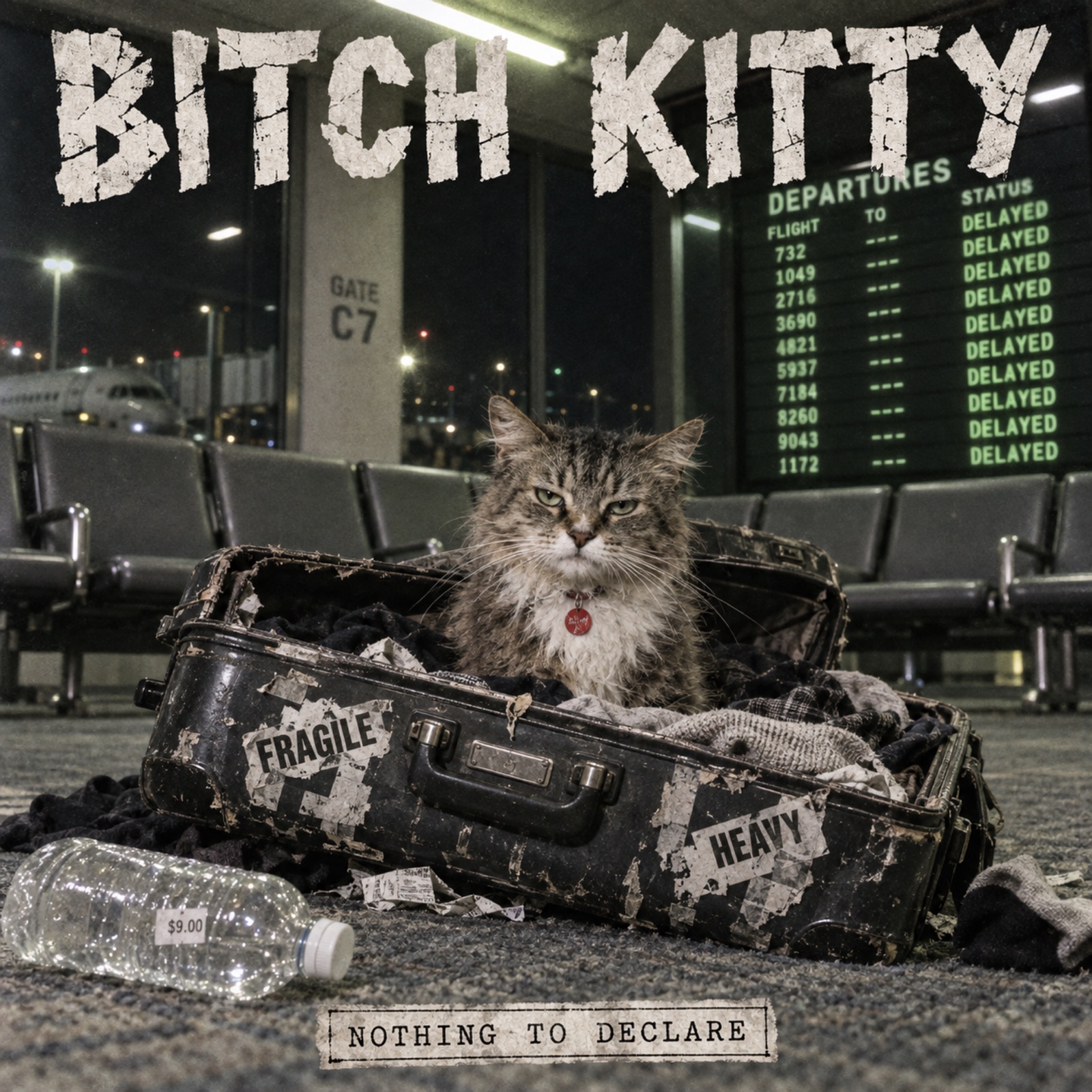 Nothing to Declare album cover: an unimpressed cat in a battered suitcase at an airport