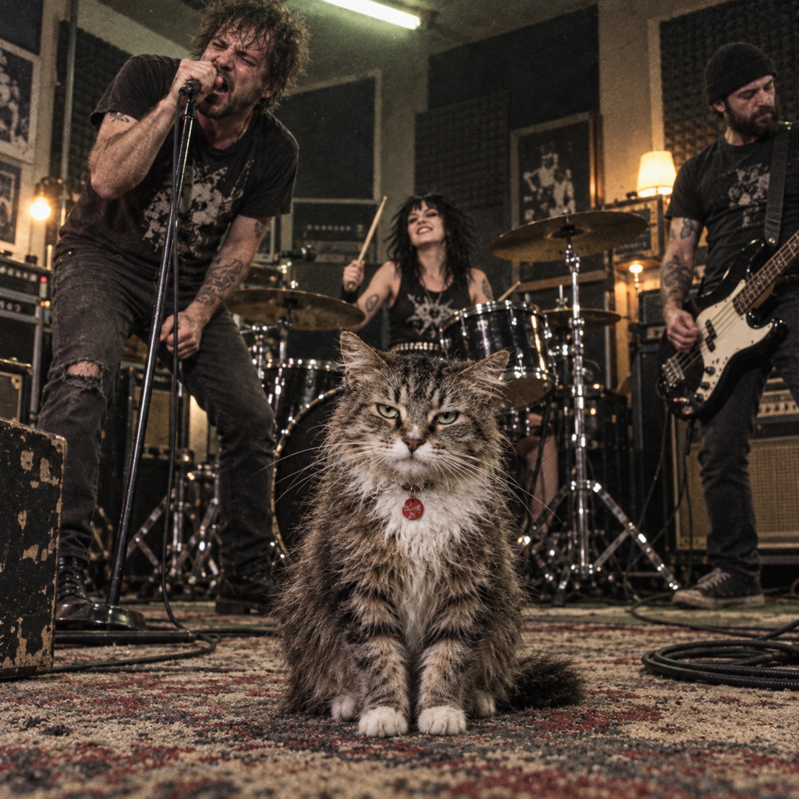 The Bitch Kitty cat in front of a punk vocalist and female drummer in the studio
